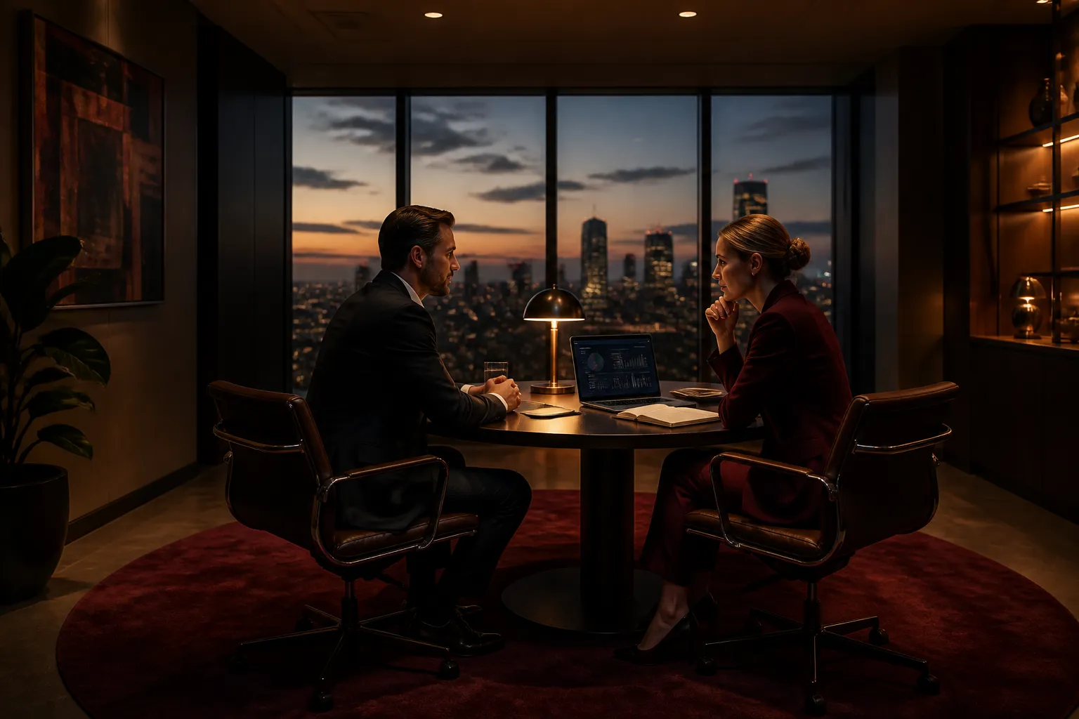 Strategy session in a warmly lit private consulting room